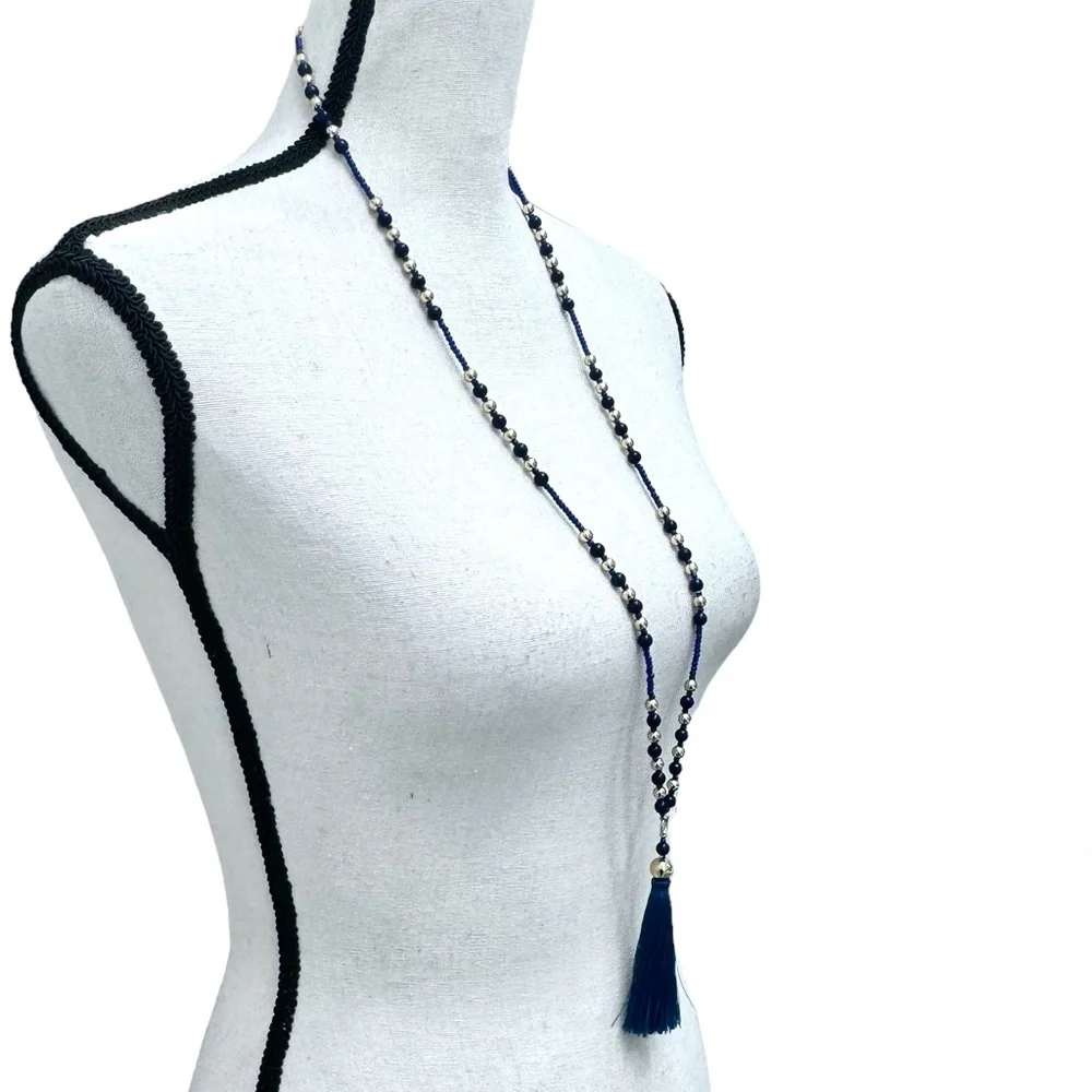 J. CREW BLUE AND GOLD BEADED NECKLACE WITH BLUE TASSEL - NWOT